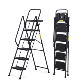5-step ladder, foldable step stool with tool tray and wide non slip pedals, sturdy steel ladder, convenient handrails