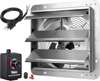 14 Inch Wall Mounted Shutter Exhaust Fan with Speed Controller and Power Cord Kit, Aluminum, 1600 RPM, 1000 CFM, for Attic, Garage, Louvered Vent