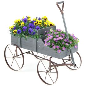 Wooden Wagon Plant Bed with Metal Wheels for Garden Yard Patio (Color: GRAY)